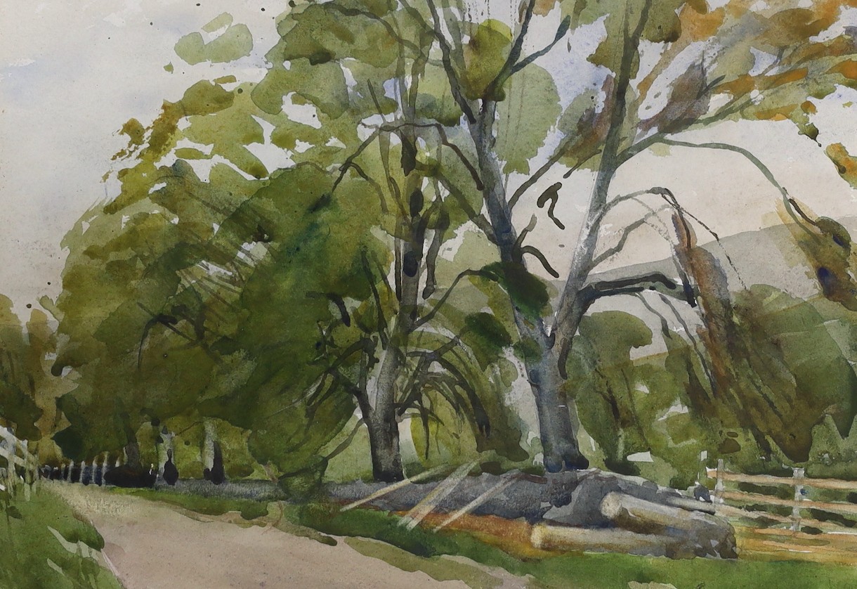 Victorian School, two oils; a mountainous landscape, a subject view of ruins amongst a river, together with two watercolours; a standing female in gaze, and a woodland walk. Largest 24 x 34cm